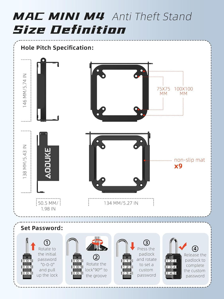 Aluminum Alloy 2024 Mac Mini M4 with Combination Lock Security Bracket, Compatible with VESA Hole Mo