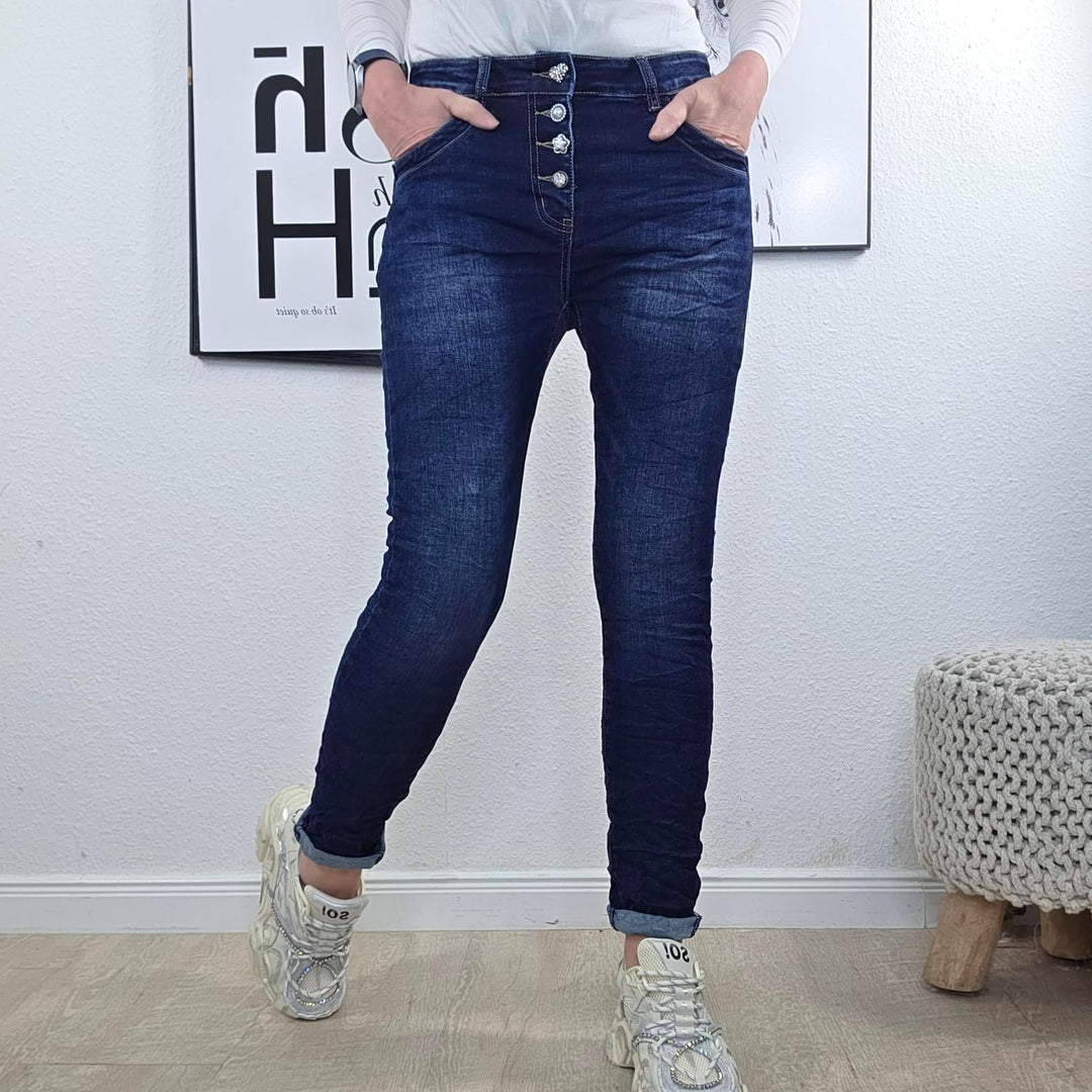 Jewelly Stretch Jeans| im Baggy Boyfriend Schnitt| Damen Hose mit dekorativer Knopfleiste| Perfekter