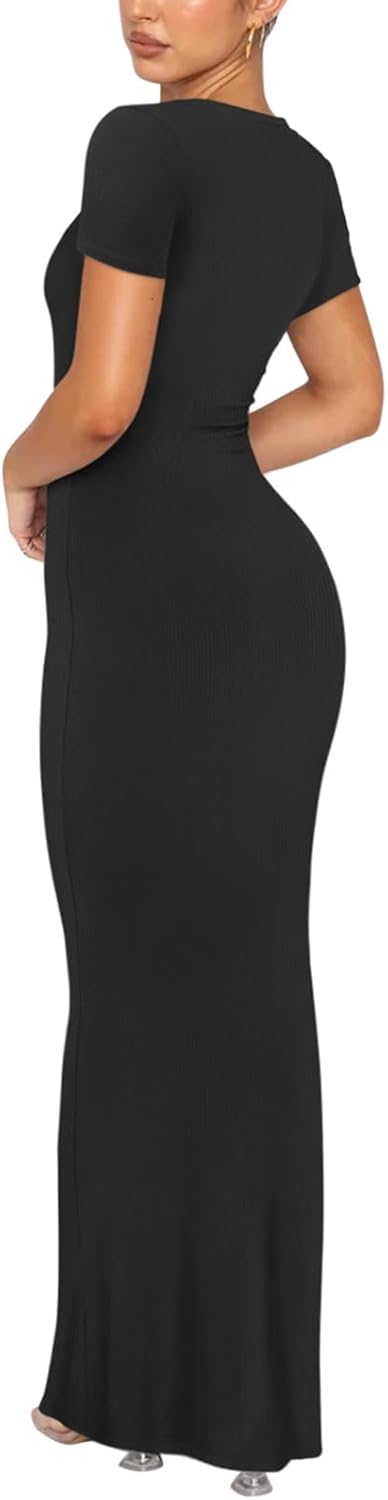 REORIA Damen Sommer Casual Lounge Langes Kleid Elegant Kurzarm Rundhalsausschnitt Figurbetontes Maxi