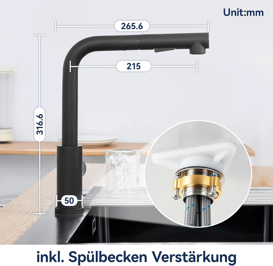 Lonheo Niederdruck Wasserhahn Küche Armatur Schwarz, Niederdruck Küchenarmatur mit Brause Mischbatte