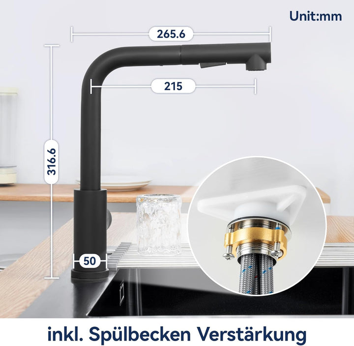 Lonheo Niederdruck Wasserhahn Küche Armatur Schwarz, Niederdruck Küchenarmatur mit Brause Mischbatte