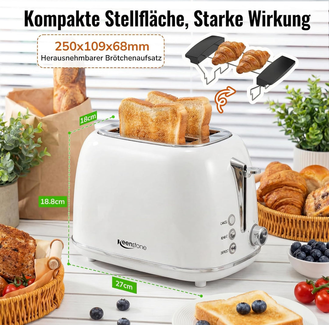 Keenstone Toaster 2 Scheiben, Retro Edelstahl Toaster mit breitem Schlitz, 6 Bräunungsstufen, mit Wa