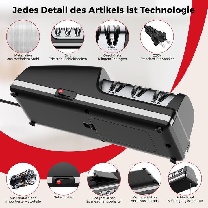 Professioneller Elektrischer Messerschärfer | Austauschbare Schleifköpfe | 100% Diamant-Schleifmitte