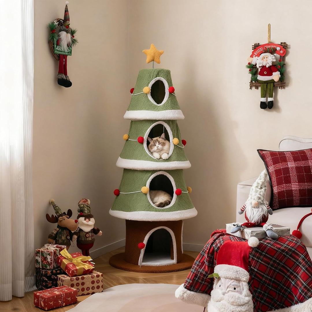 SOARS Kratzbaum Weihnachten, 154 cm Katzenbaum mit 4 Höhlen, Kratzbrett, Hängebällen, Katzenkratzbau
