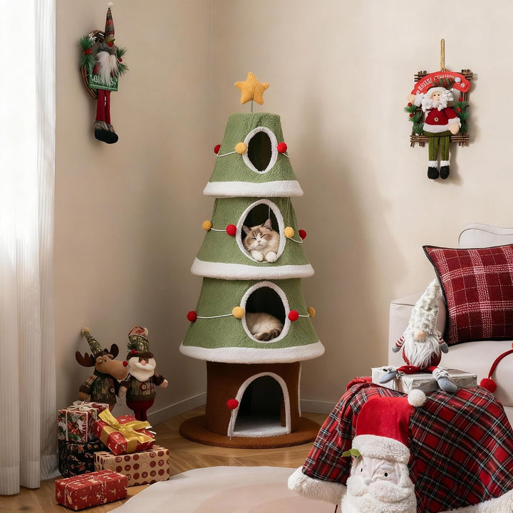 SOARS Kratzbaum Weihnachten, 154 cm Katzenbaum mit 4 Höhlen, Kratzbrett, Hängebällen, Katzenkratzbau