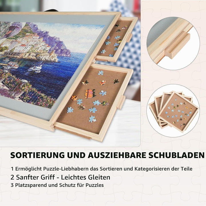 2-in-1 Kipp- und Drehpuzzle-Brett als Geschenk für Erwachsene – Holz-Puzzle-Tisch mit 4 Schubladen (