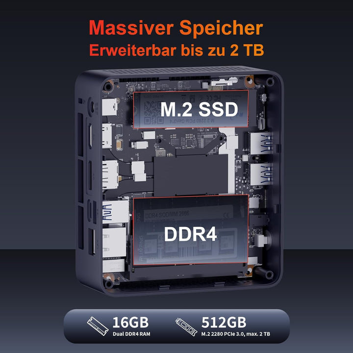 AWOW Mini PC AMD Ryzen Embedded R2514 (4 Kerne, bis 3,7 GHz), 16GB DDR4, 512GB PCIe 3.0 SSD, Radeon