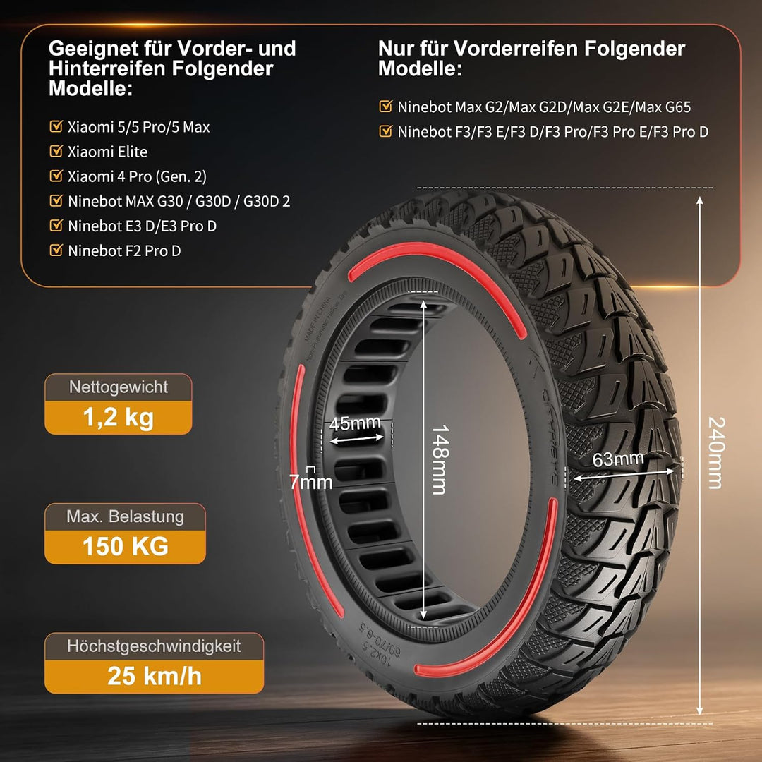 60/70-6,5 Vollgummireifen 10 Zoll Solide Reifen für Xiaomi 5/5 Pro/5 Max,für Ninebot Max G30/Max G30