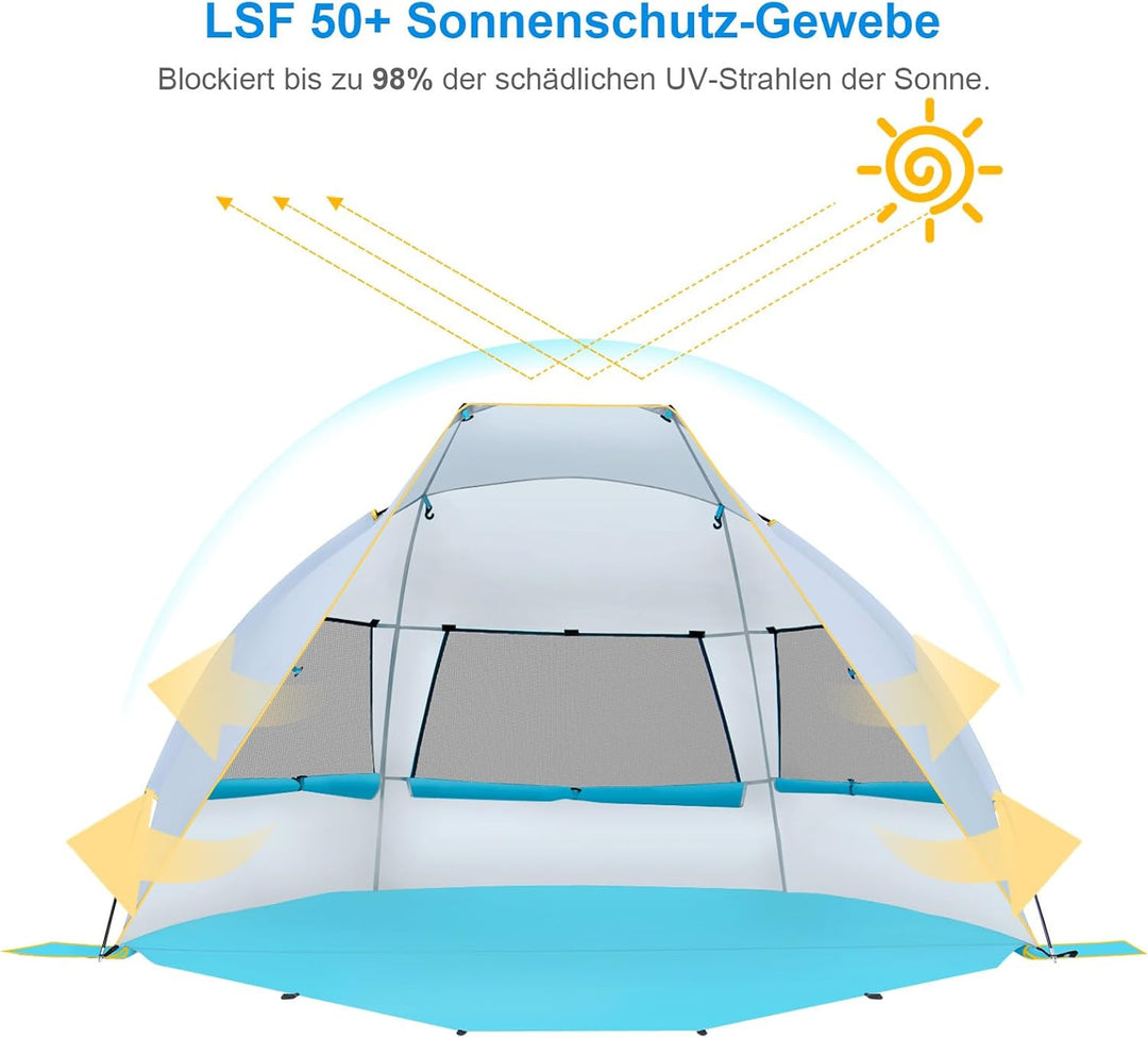 Wolfwise Strandmuschel mit UV-Schutz 50+, 4-5 Personen Strandzelt, Sonnenschutz Windschutz mit erwei
