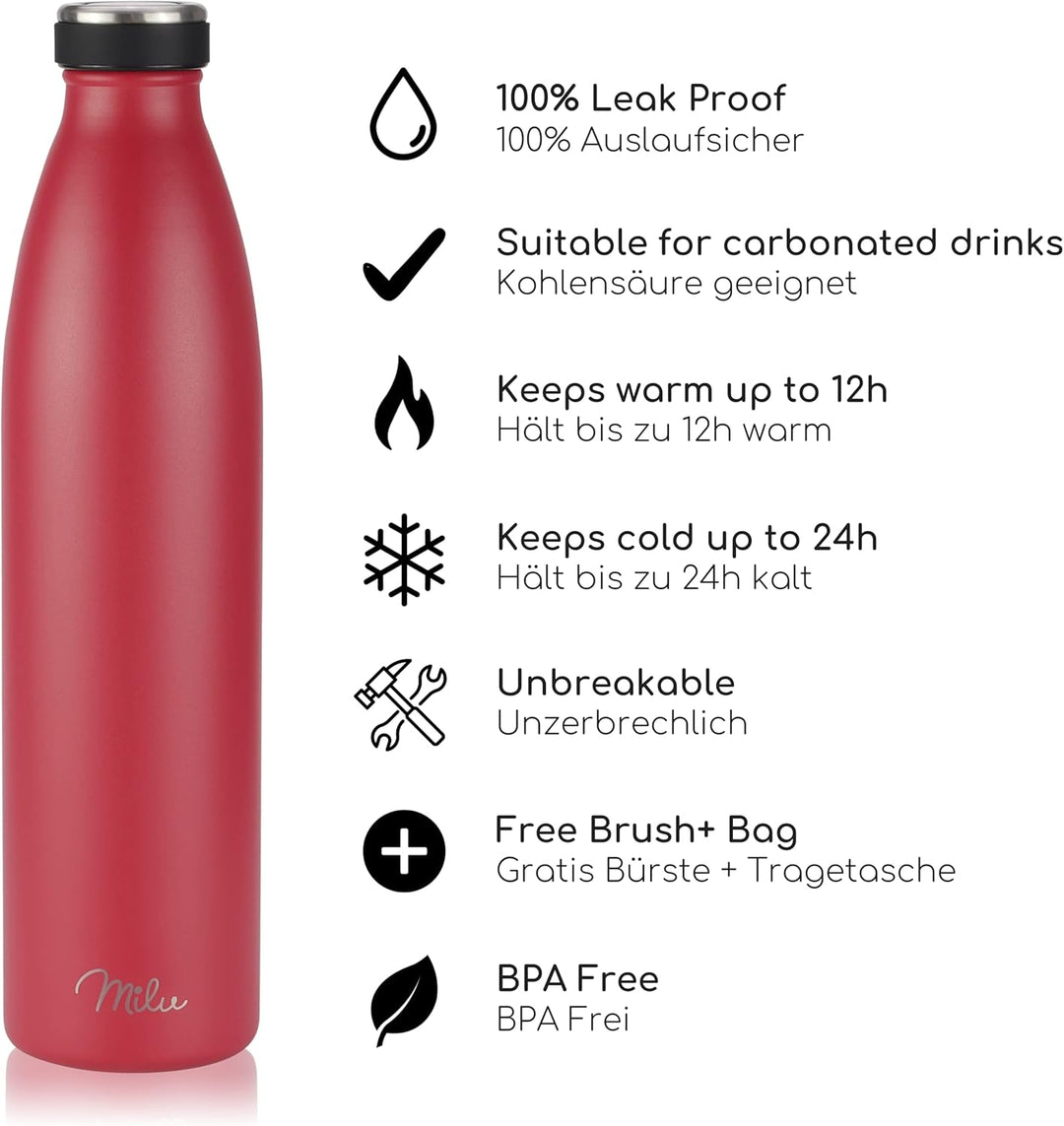 Milu Edelstahl Trinkflasche 350ml 500ml 750ml 1L, 1,5L Thermosflasche, Isolierte Wasserflasche, Ausl
