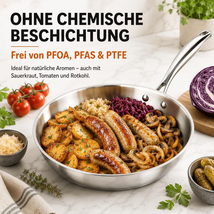 Edelstahlpfanne Unbeschichtet 28 cm mit Edelstahldeckel | 7 mm 3‑lagiger Boden, für Alle Herdarten G