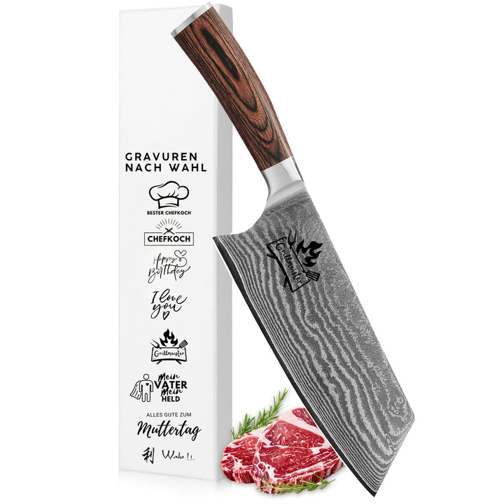 Wakoli EDIB Chai Dao Kochmesser mit Gravur – Personalisiertes Messer, 19cm Klinge aus 67 Lagen Damas