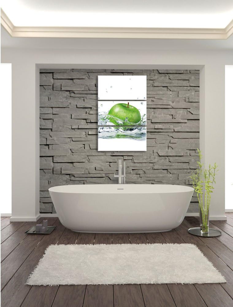 Pixxprint Grüner Apfel fällt ins Wasser als Leinwandbild/Grösse: 3 Teilig (120x80) cm/Wandbild/Kunst