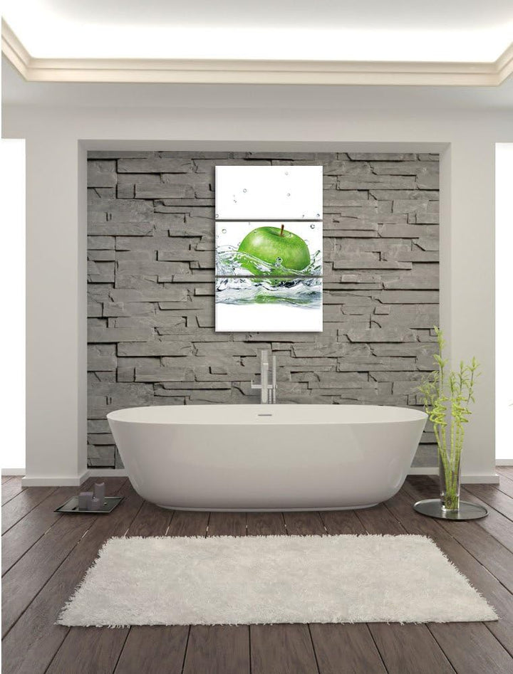 Pixxprint Grüner Apfel fällt ins Wasser als Leinwandbild/Grösse: 3 Teilig (120x80) cm/Wandbild/Kunst