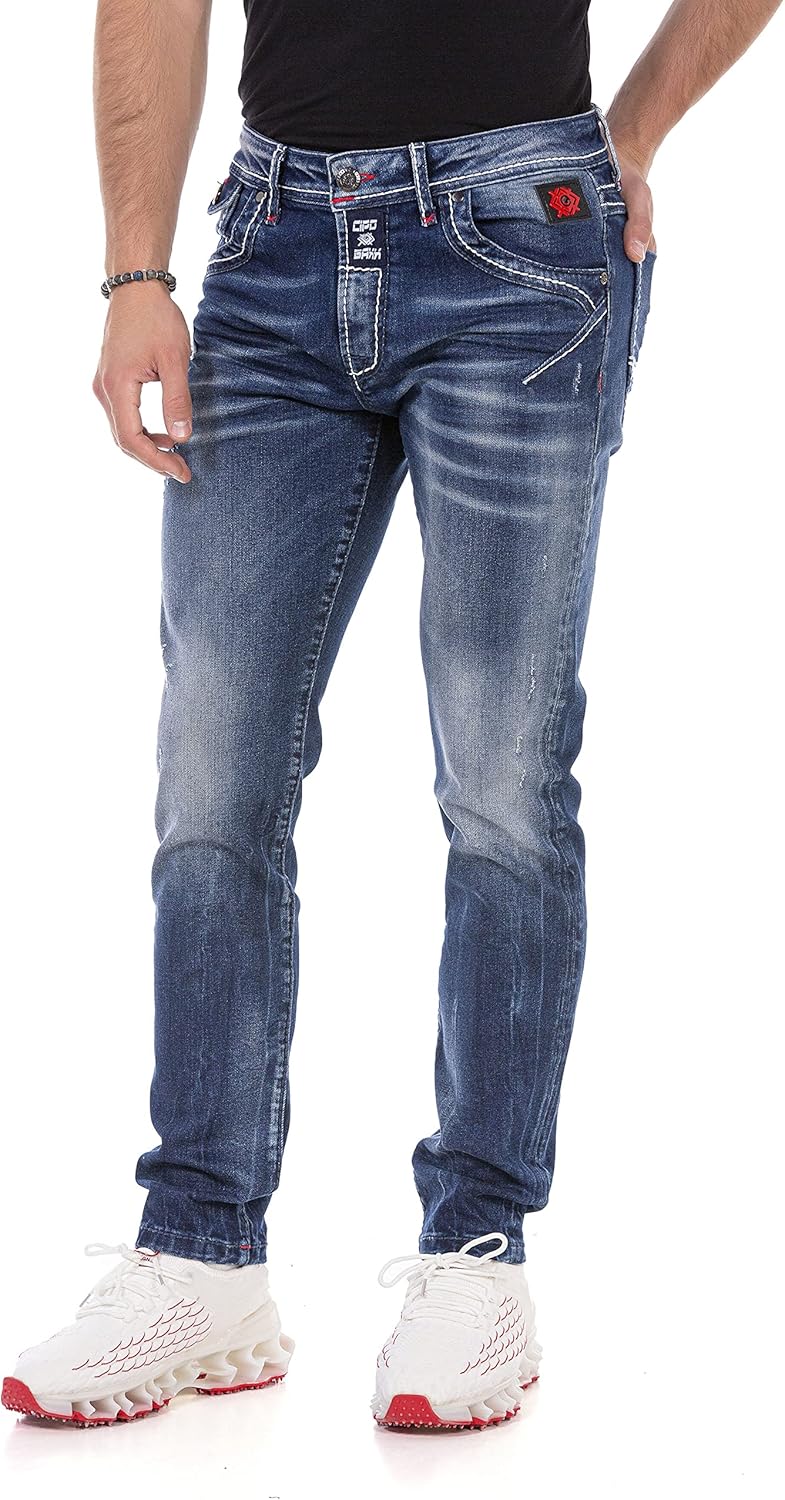 Cipo & Baxx Herren Jeans Hose Straight Fit Denim – Klassisch, Slim, Used Look 29W / 32L Blau-cd692,