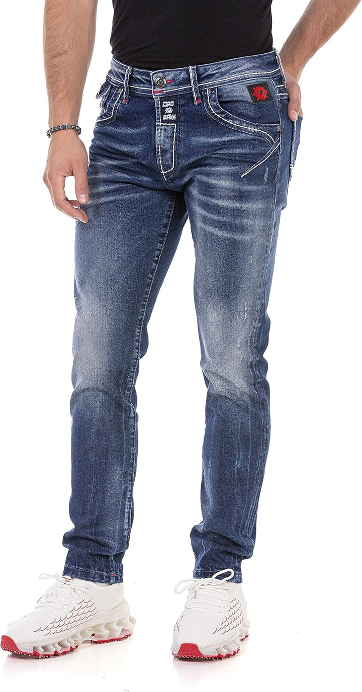 Cipo & Baxx Herren Jeans Hose Straight Fit Denim – Klassisch, Slim, Used Look 29W / 32L Blau-cd692,