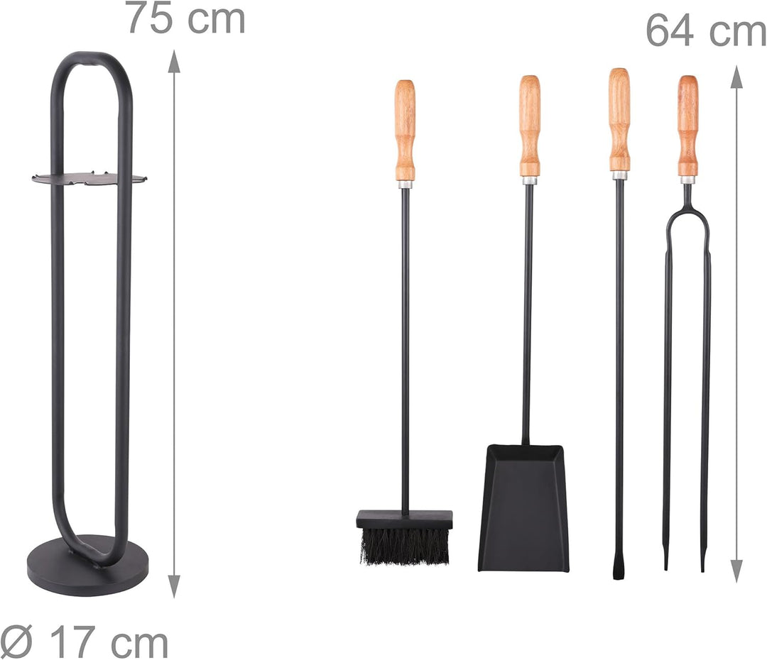 Relaxdays Kaminbesteck, 5-TLG. Set, Schürhaken, Schaufel, Aschebesen, Zange, Holzgriffe, Ofengarnitu