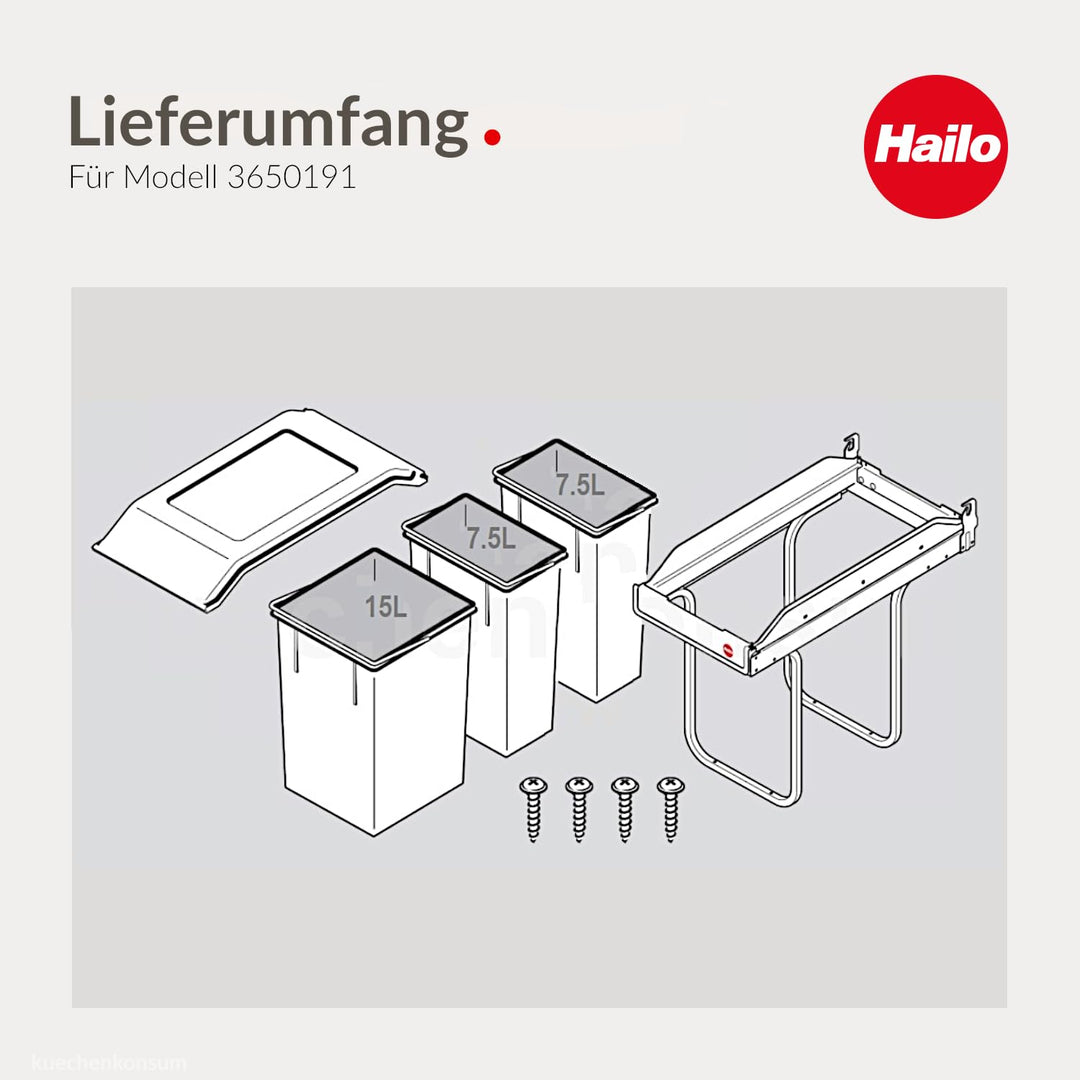 Hailo Abfallsammler Tandem 3650191 | für Schränke ab 300 mm Breite | Einbau Mülleimer 2x 7 + 15L | p
