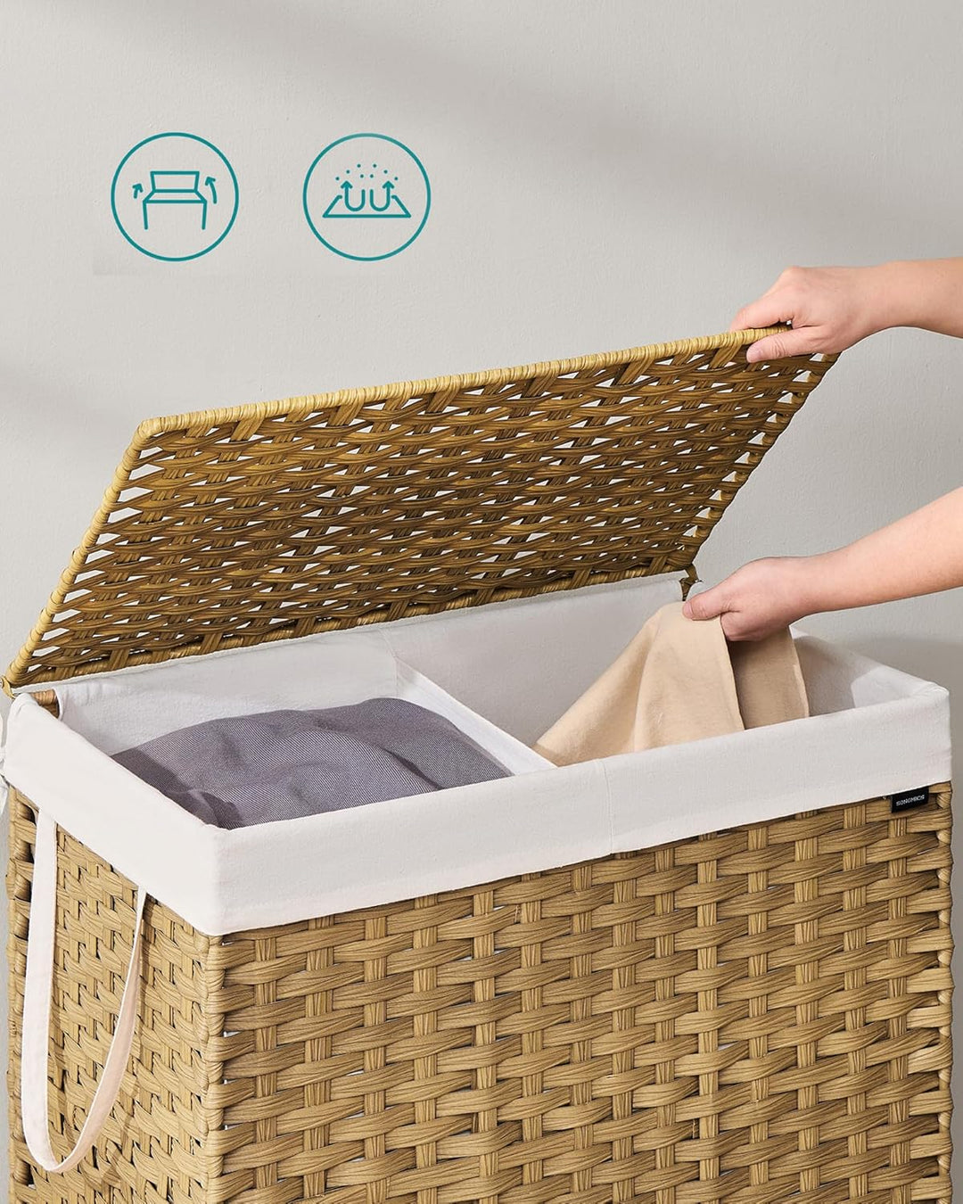 SONGMICS Wäschekorb 2 Fächern, Wäschesammler 160 L, Wäschebox aus synthetischem Rattan, mit Deckel u