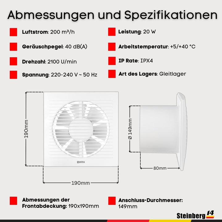 Steinberg14 Badlüfter Ø 150mm mit Feuchtigkeitssensor und Zeitnachlauf (Timer) - Weiss Ventilator Ø