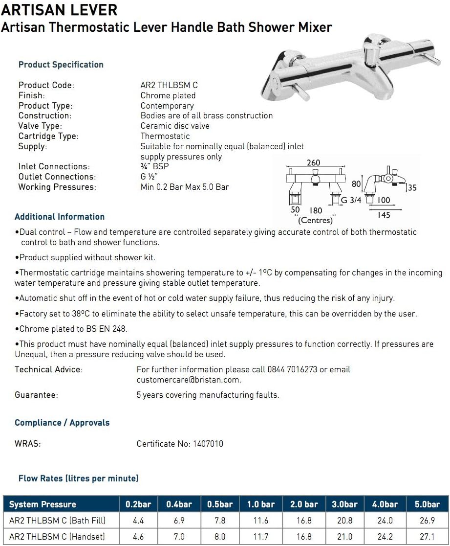 Bristan AR2 THLBSM C Artisan Thermostatic Lever Handle Bath Shower Mixer Badezimmer-Wasserhähne, Chr