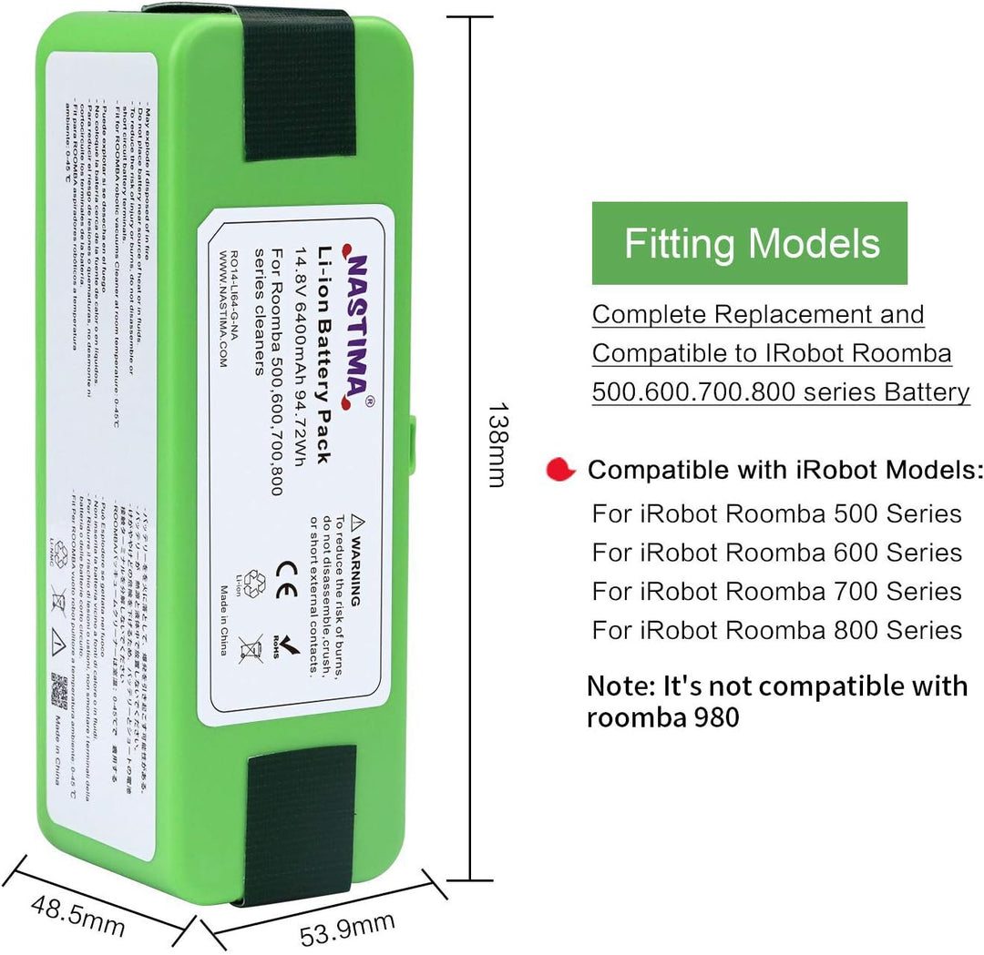 NASTIMA 14,8V Lithium Akku 6,4Ah (2021 Aktualisierung) Kompatibel mit Roomba 500 510 521 530 531 532
