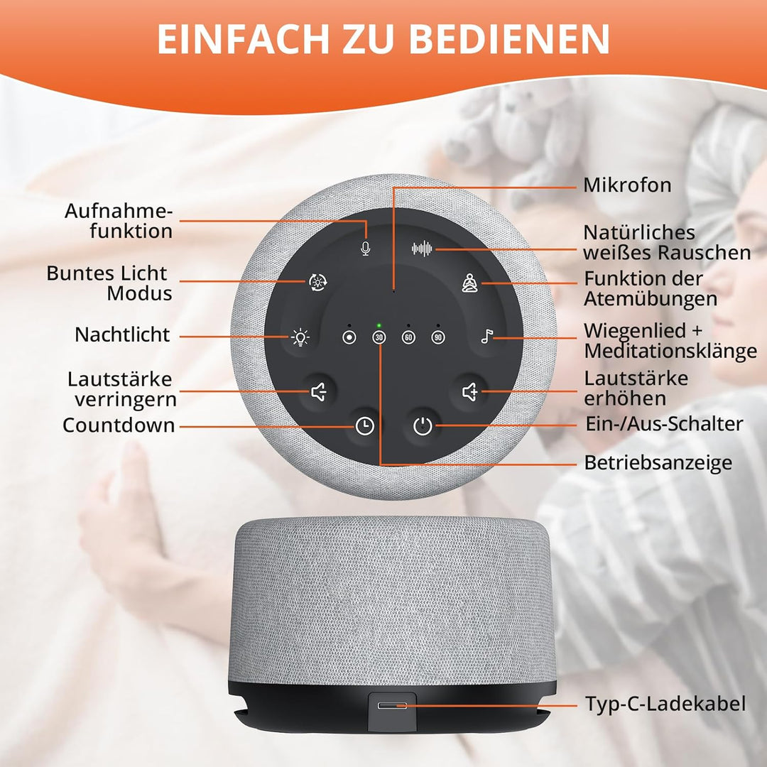 FUNYKICH White Noise Machine, 30 Klänge, Atemtraining, Aufnahmefunktion, 7 Farblicht & Atemlicht, Wi