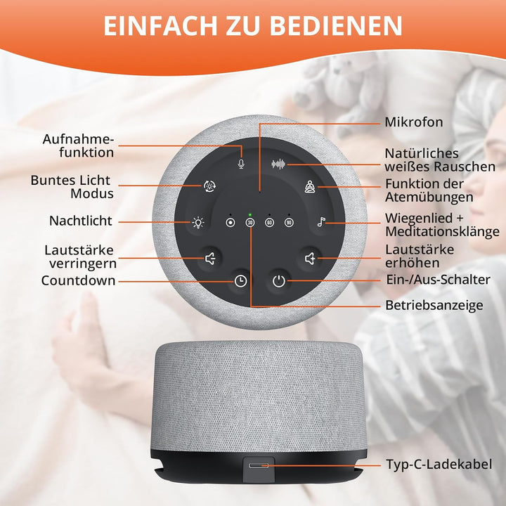 FUNYKICH White Noise Machine, 30 Klänge, Atemtraining, Aufnahmefunktion, 7 Farblicht & Atemlicht, Wi