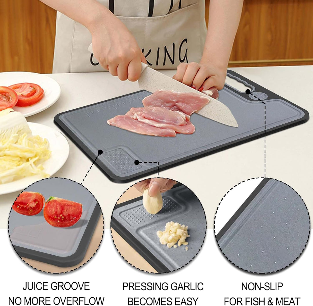 Schneidebrett Kunststoff Gross 3er Set, 35 x 23 cm - Küchenbrett Schneidebretter mit Saftrillen & Kn