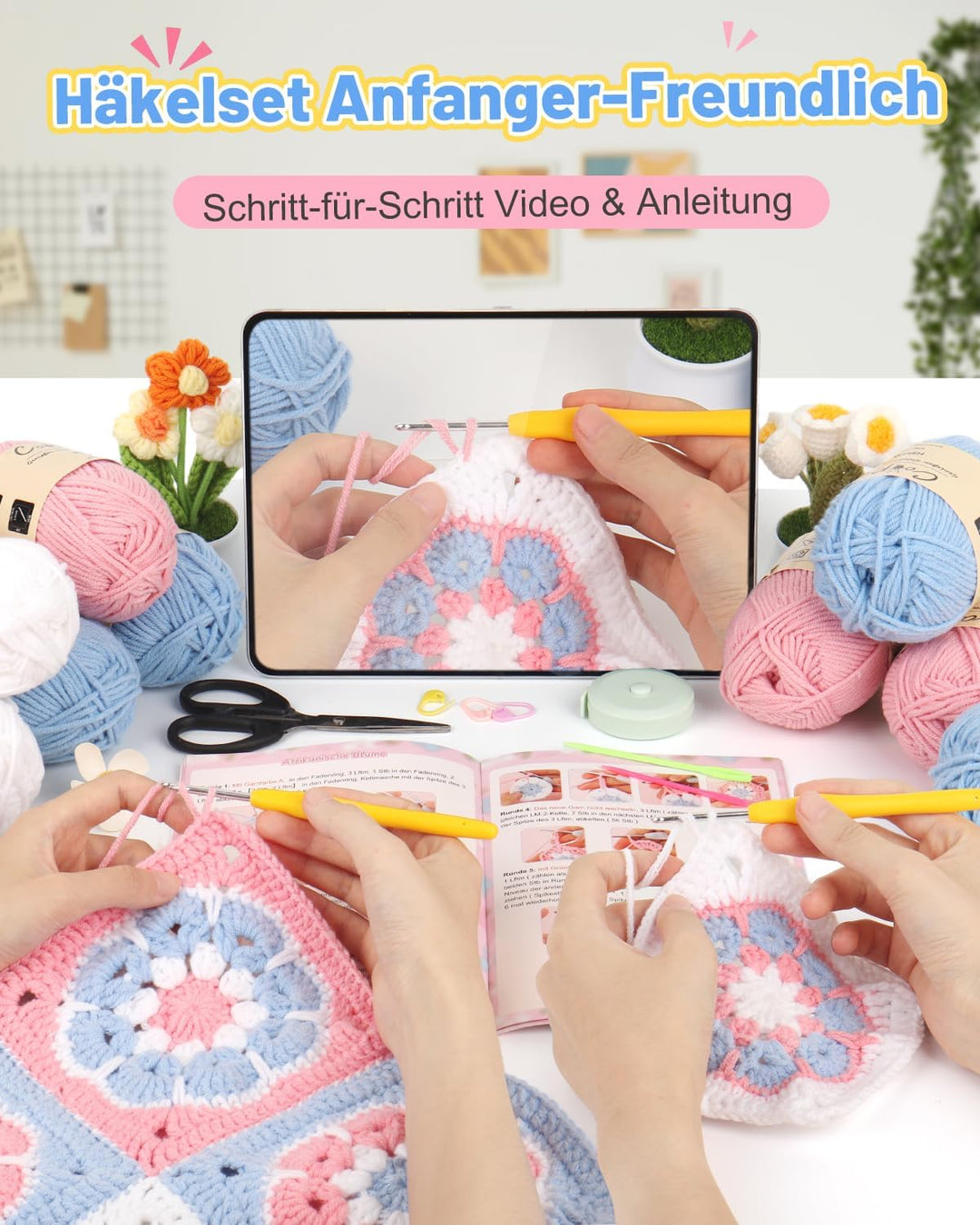 Coopay Granny Square Häkelset für Anfänger Profis, Komplettes Häkelset für Decke Häkeln, Häkel Set m