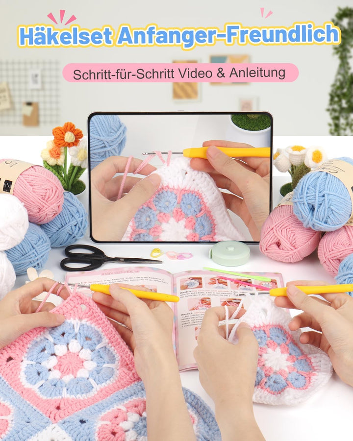 Coopay Granny Square Häkelset für Anfänger Profis, Komplettes Häkelset für Decke Häkeln, Häkel Set m