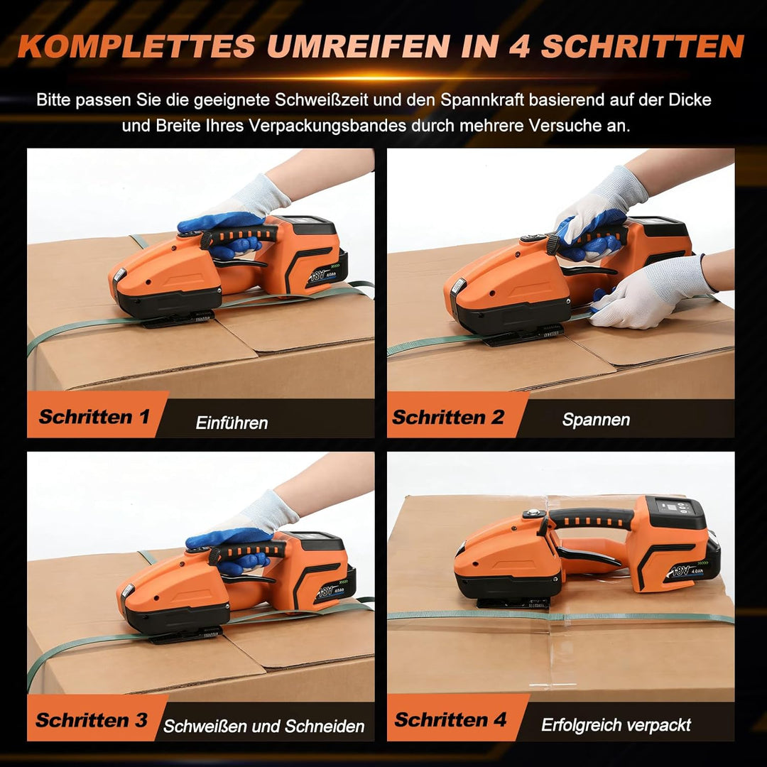 Umreifungsgerät Akku für 13-16 mm PP-/PET-Band mit Digitaldisplay, 2 x 4000 mAh Akku, 900-3500N Elek