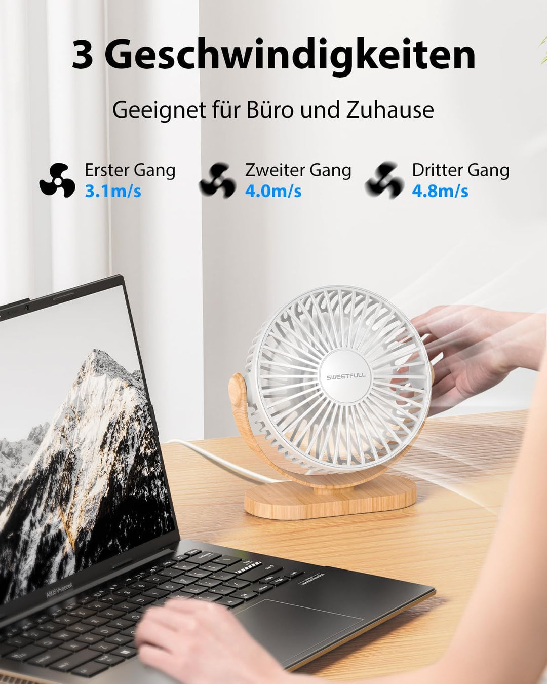 SWEETFULL USB Ventilator, Mini Ventilator Klein Tischventilator Leise, 3 Geschwindigkeiten Desk Fan,