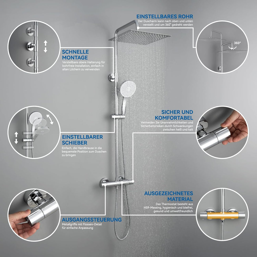 Auralum Duscharmatur Komplettset, Duschsystem mit Thermostat, 30cm Edelstahl Regendusche, 5 Strahlar