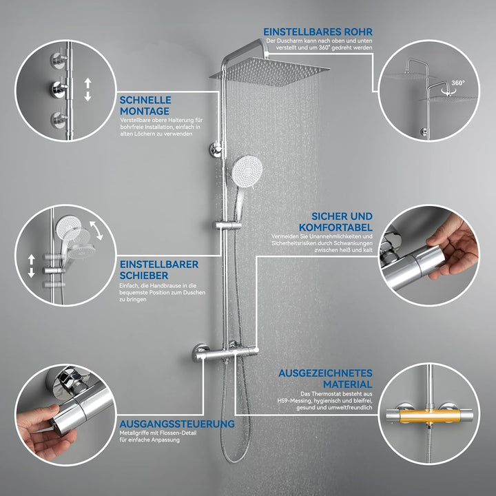 Auralum Duscharmatur Komplettset, Duschsystem mit Thermostat, 30cm Edelstahl Regendusche, 5 Strahlar