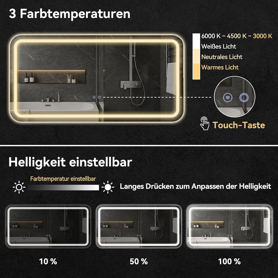 YOURLITE Badspiegel-mit-Beleuchtung 120x60cm,Badezimmerspiegel mit Beleuchtung,Touch-Schalter,Rechte