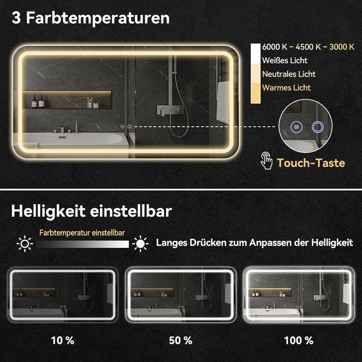 YOURLITE Badspiegel-mit-Beleuchtung 120x60cm,Badezimmerspiegel mit Beleuchtung,Touch-Schalter,Rechte