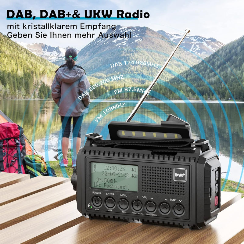 Kurbelradio DAB/UKW, Tragbare Solar Radio mit LED Taschenlampe & Leselicht, DAB+/FM Dynamo Radio IPX