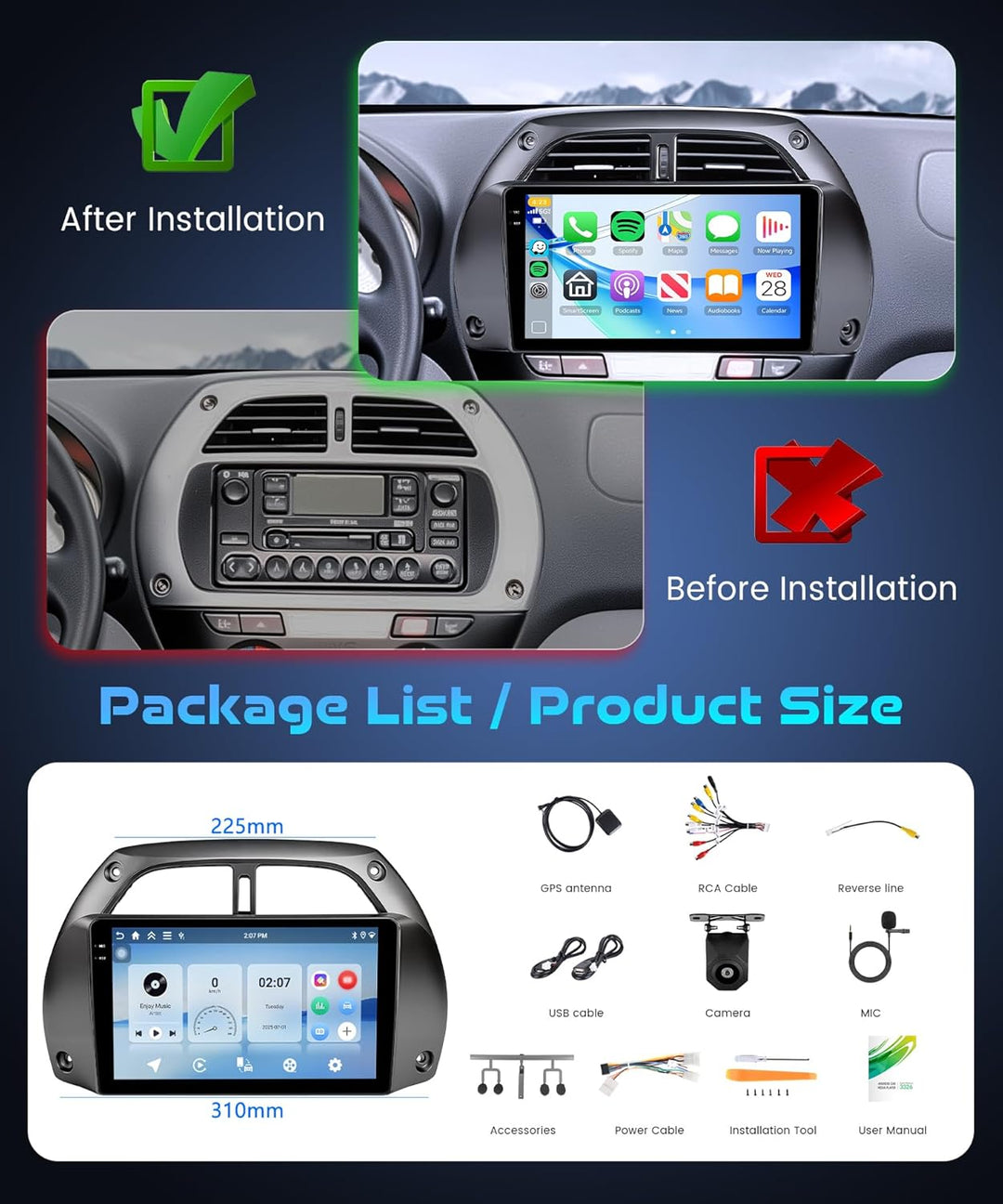 4G+128G Rimoody Autoradio Android für Toyota RAV4 2001-2006 9 Zoll Stereo RAV4 mit Wireless Carplay