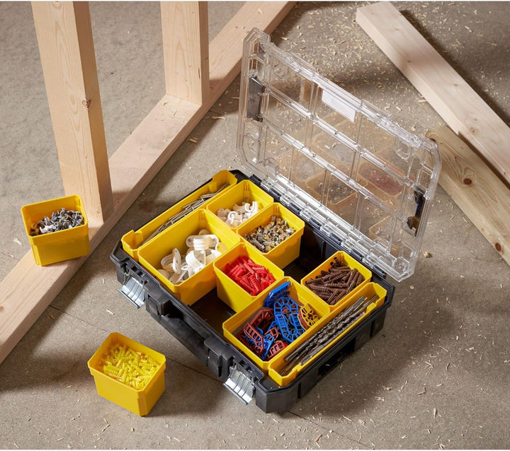 Stanley FatMax Organizer (stapelbare Werkzeugbox, mit transparentem Deckel, mit 10 Sortiereinsätzen