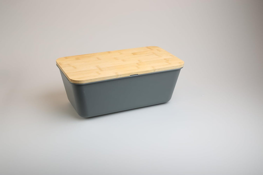 MOON HOME Brotkasten - Airlock Grey, mit vielseitigem Deckel aus Bambus/Holz als Brotschneidebrett,