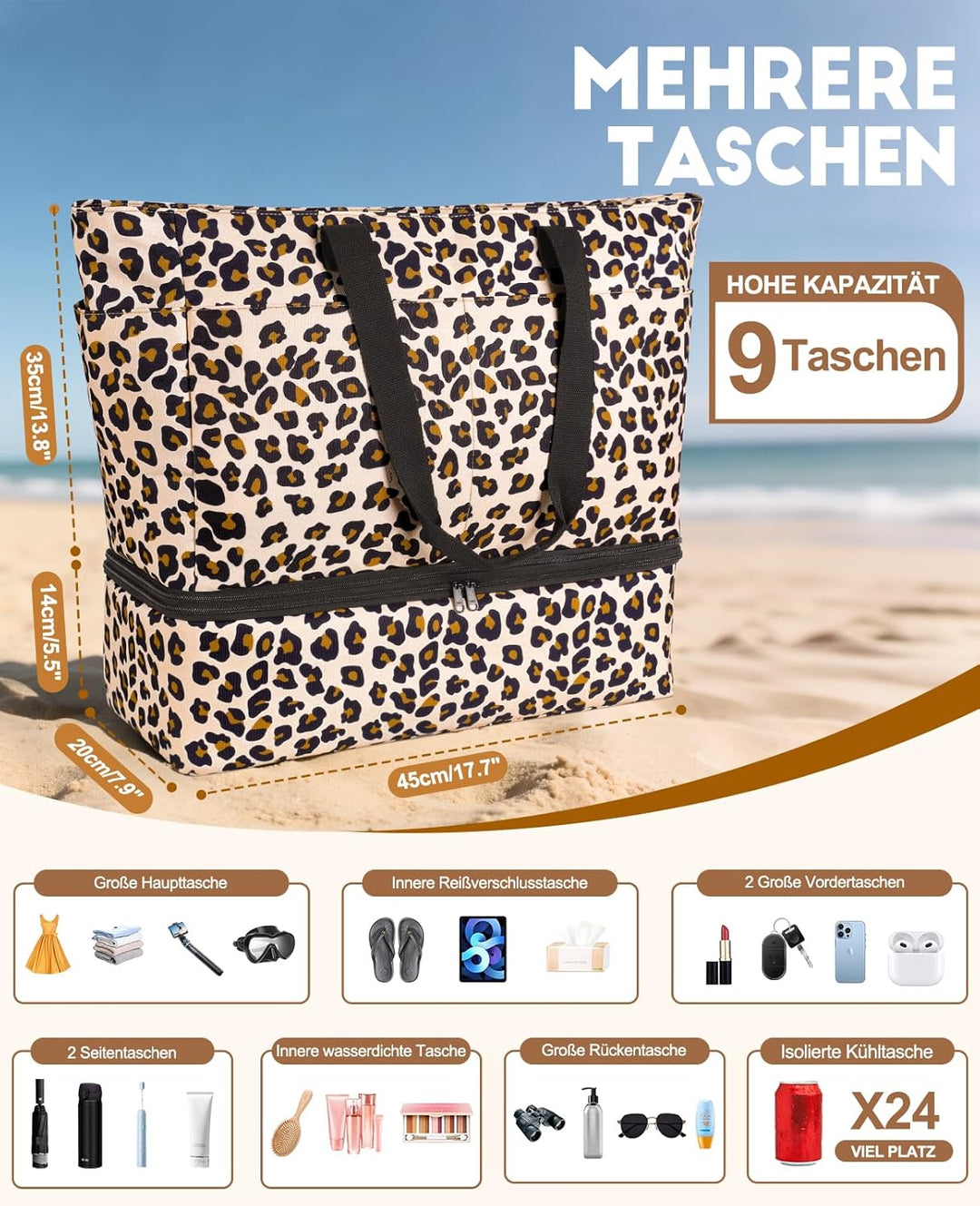 ISEYOU Strandtasche XXL Familie mit Kühltasche, Gross Strandtasche mit Reissverschluss Wasserdicht S