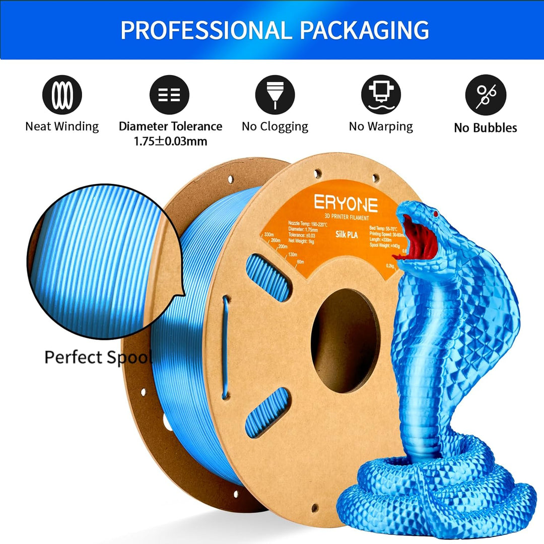 ERYONE Silk PLA Filament 1.75 mm, 3D-Drucker Filament PLA, 0,03 mm, 1 kg/Spule, Silk Blau