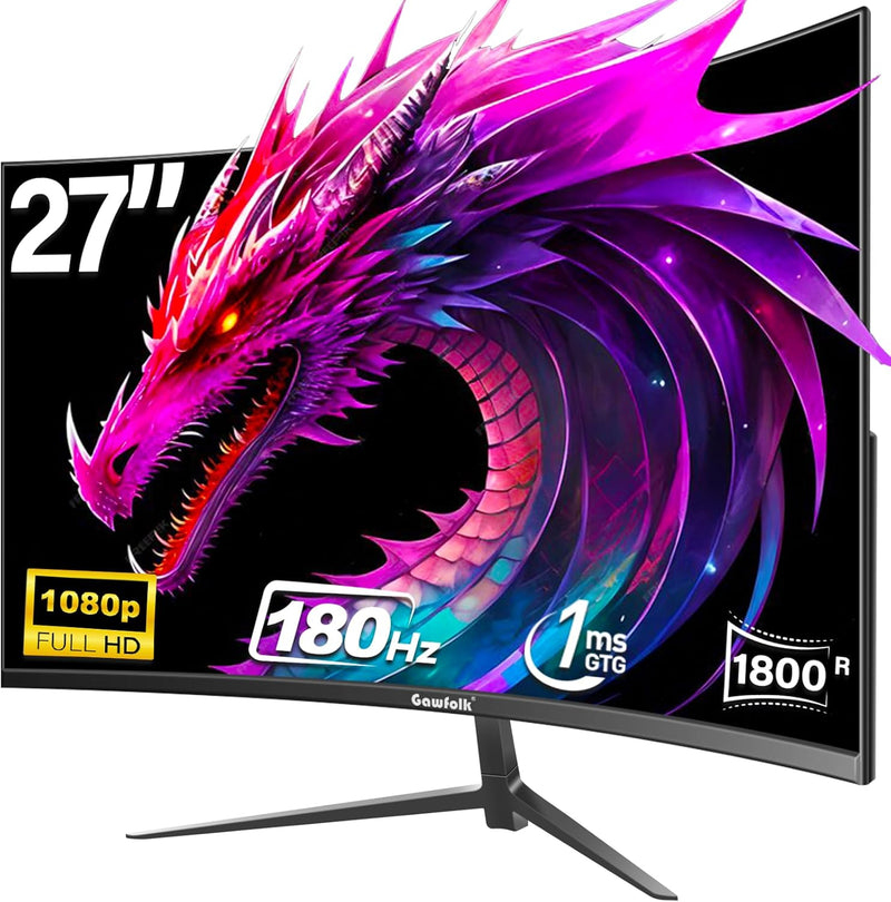 Gawfolk 27 Zoll Curved Gaming Monitor 165Hz/ 180Hz, PC Bildschirm Full HD 1080P, Rahmenloses 1800R C