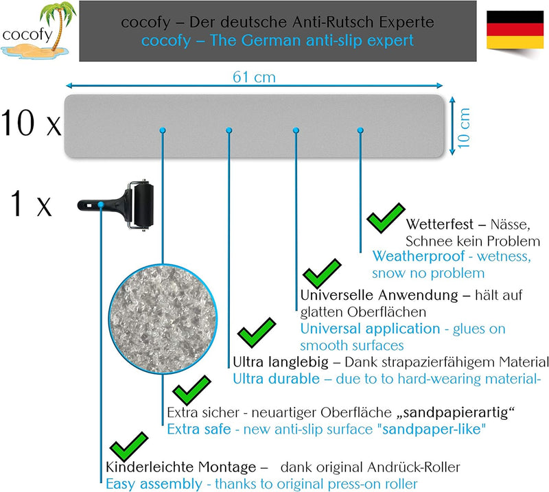 cocofy Anti-Rutsch Sticker für Treppen aussen und innen,10x Streifen (61x10 cm) semi transparent dur