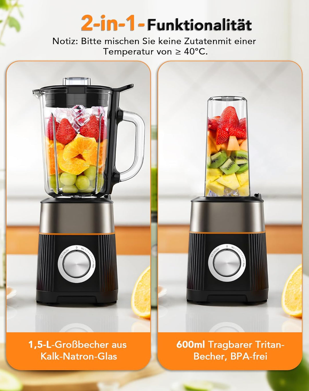 1000W Standmixer, Mixer, Glas 2-1 Mixer Smoothie Maker mit 1,5L Glaskrug und 600ml Reisebecher, Stuf