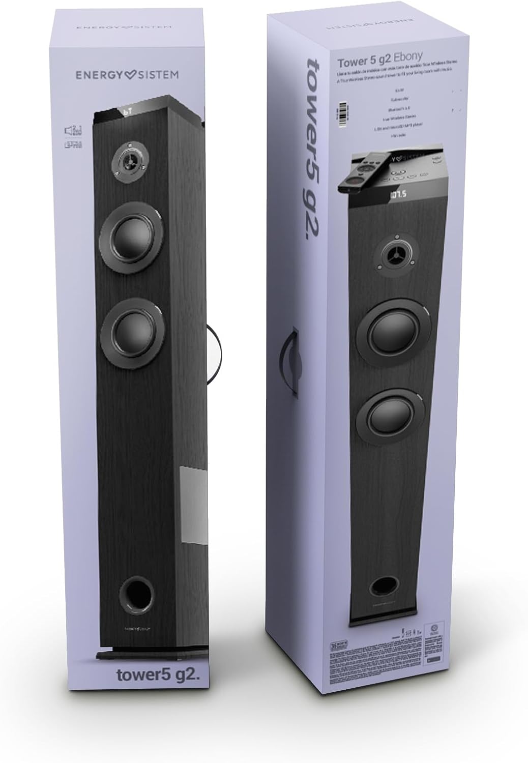 Energy Sistem Tower 5 g2 Ebony Lautsprecherturm 65 W und True Wireless Stereo (Bluetooth 5.0, USB/Mi