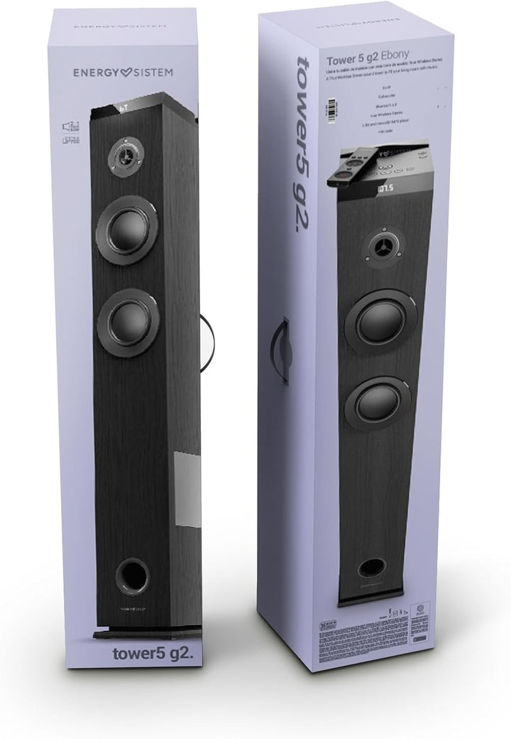 Energy Sistem Tower 5 g2 Ebony Lautsprecherturm 65 W und True Wireless Stereo (Bluetooth 5.0, USB/Mi