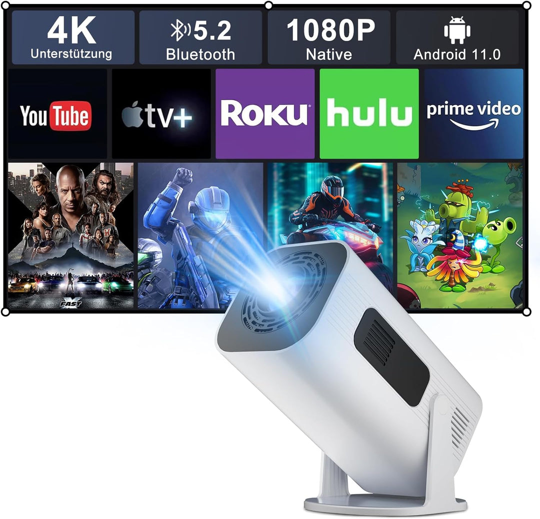 Eroshoo Mini Beamer,Handy Beamer 4K Unterstützung mit Ständer,1080P Mini Projektor Android,Heimkino