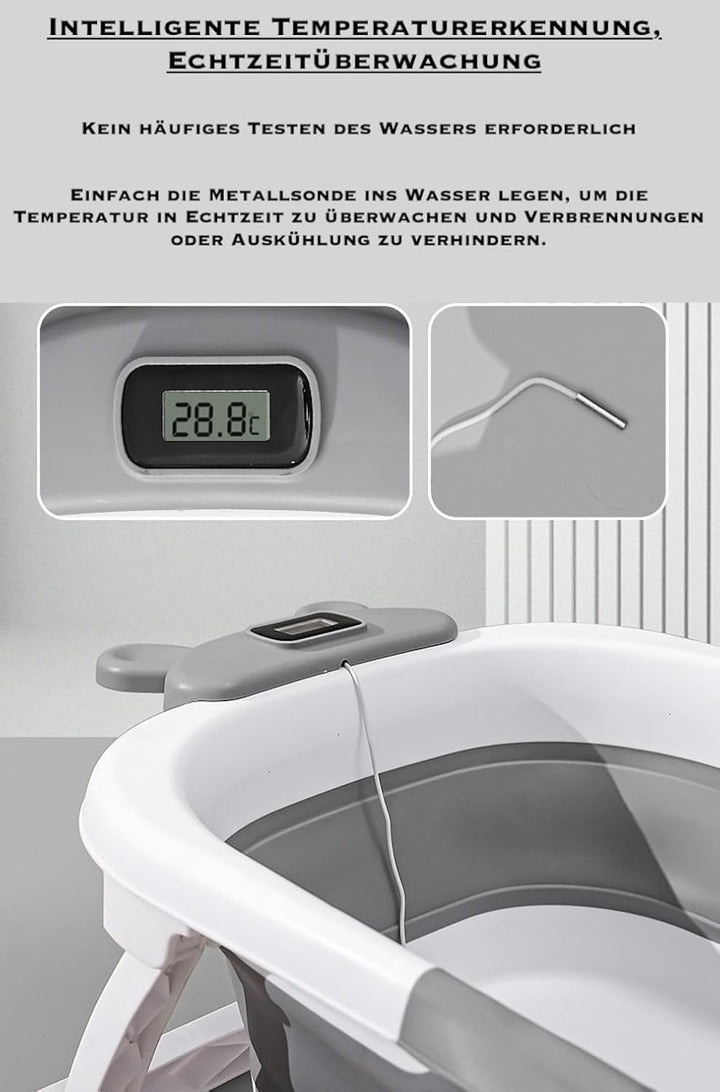 Faltbare Baby-Badewanne mit Echtzeit-Temperaturanzeige, Schwimmkissen &amp; Abfluss, tragbare Reise-Bade